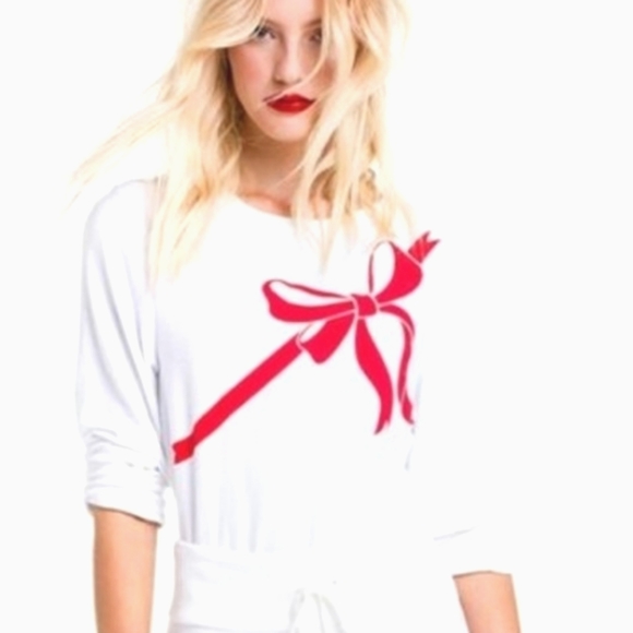 WILDFOX White French Terry Red Ribbon Present Wrap Bow BBJ Jumper Pullover Top - Picture 2 of 12